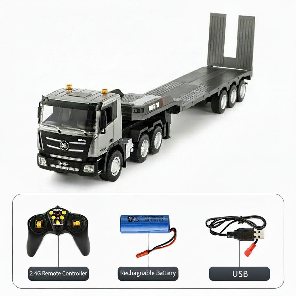 Toy truck with flatbed, remote control, battery, and USB cable on a white background